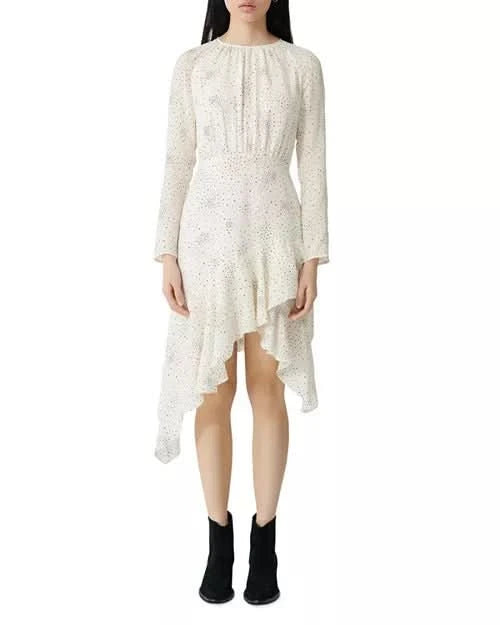 Maje Retro Flowing Dot Print Asymmetrical Hem Dress In Natural EU 36 UK 8 - Reliked