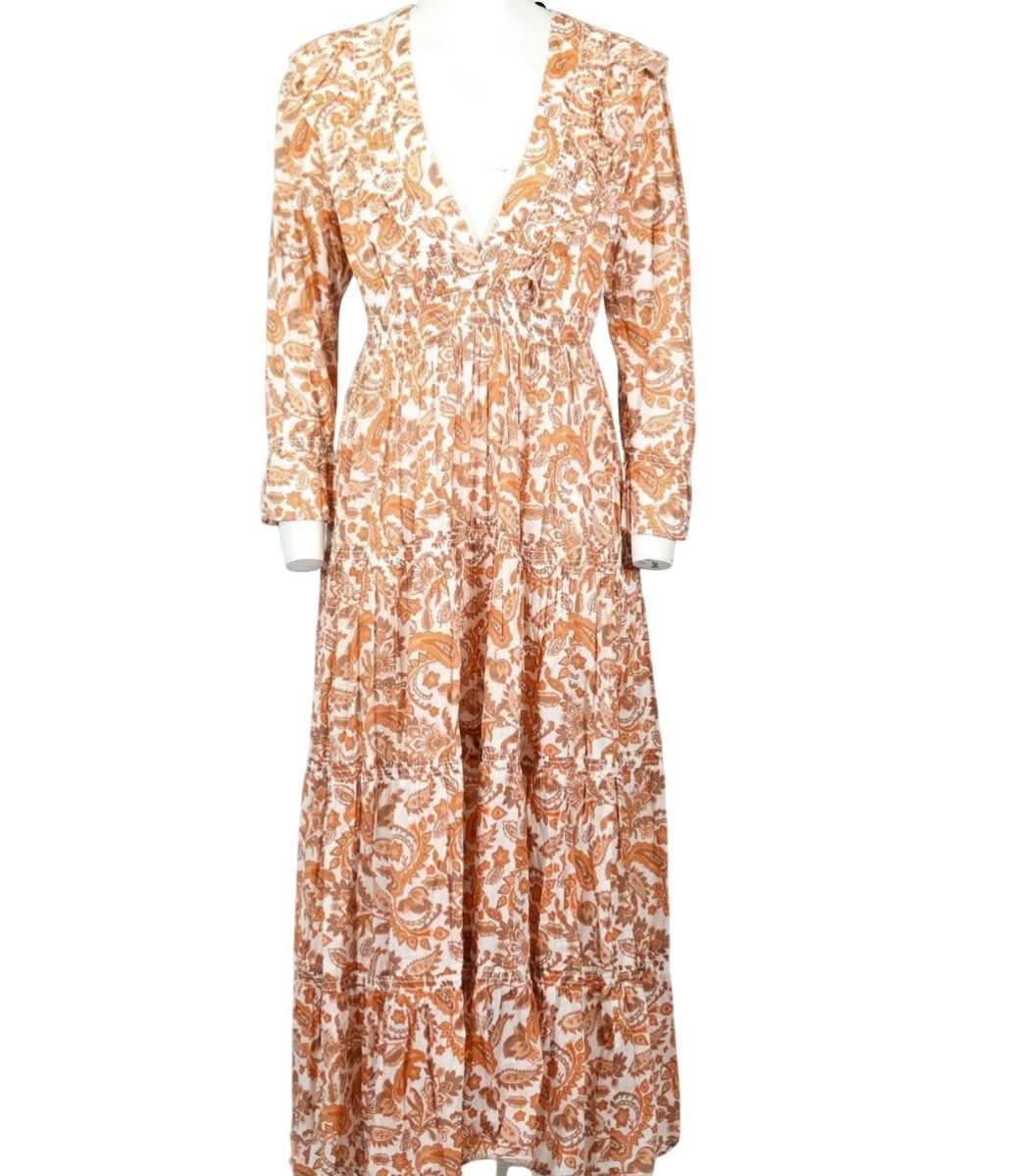 Maje Rust / Brown Shirred Paisley - print Cotton Maxi Dress FR36 UK 8 - Reliked