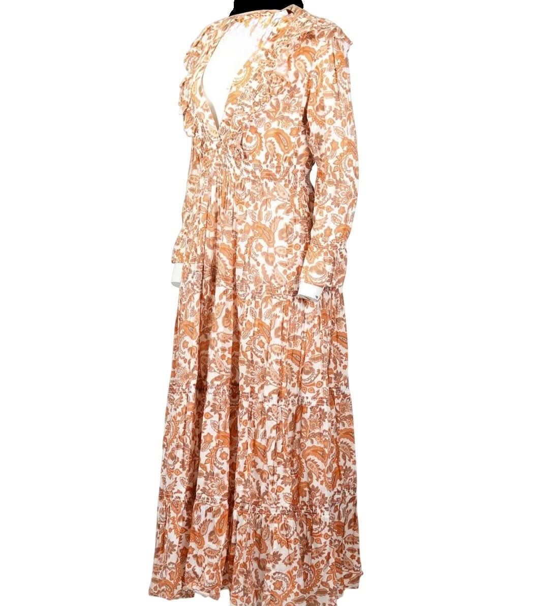 Maje Rust / Brown Shirred Paisley - print Cotton Maxi Dress FR36 UK 8 - Reliked