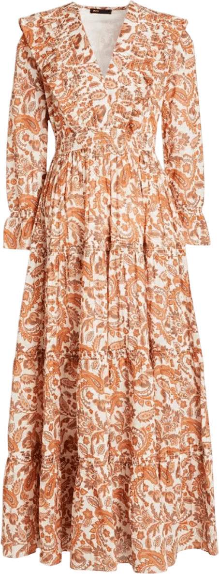 Maje Rust / Brown Shirred Paisley - print Cotton Maxi Dress FR36 UK 8 - Reliked