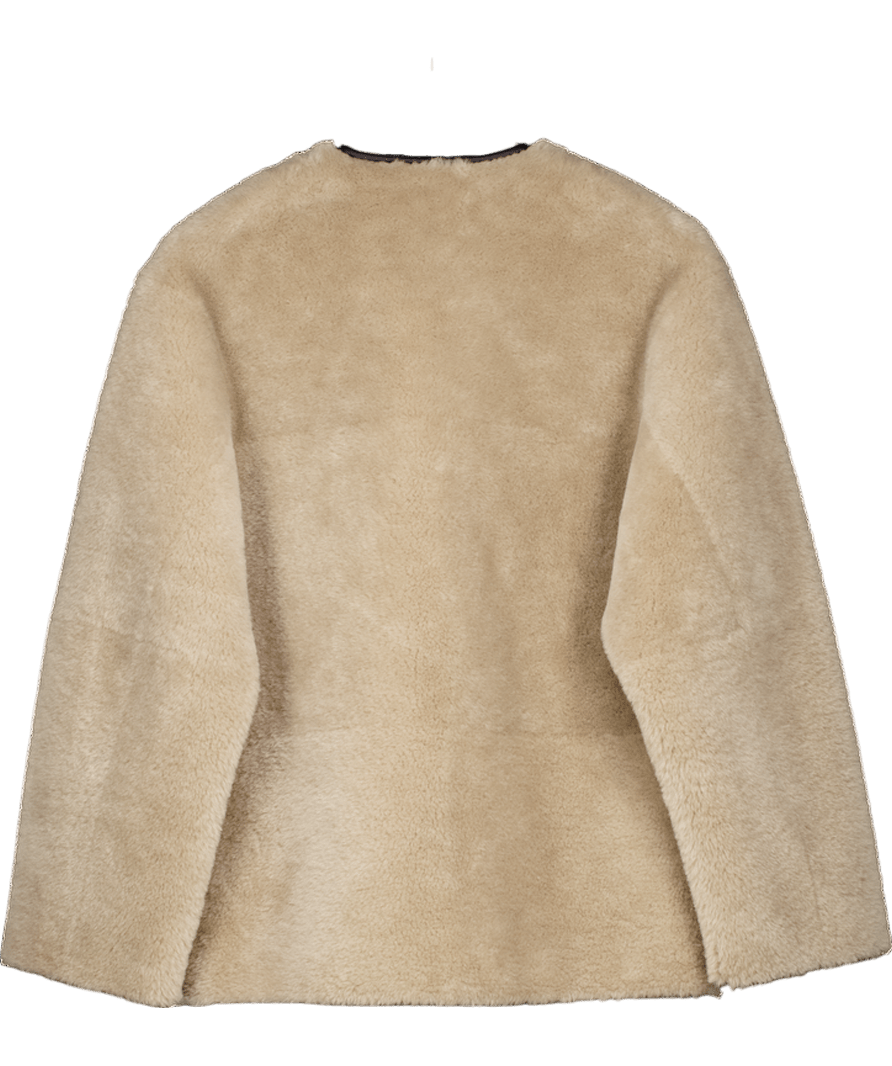 MANGO Beige Contrast Detail Collarless Shearling Jacket In Ecru UK S - Reliked