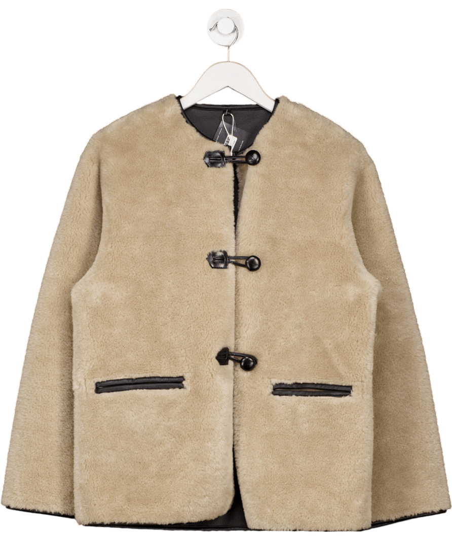 MANGO Beige Contrast Detail Collarless Shearling Jacket In Ecru UK S - Reliked