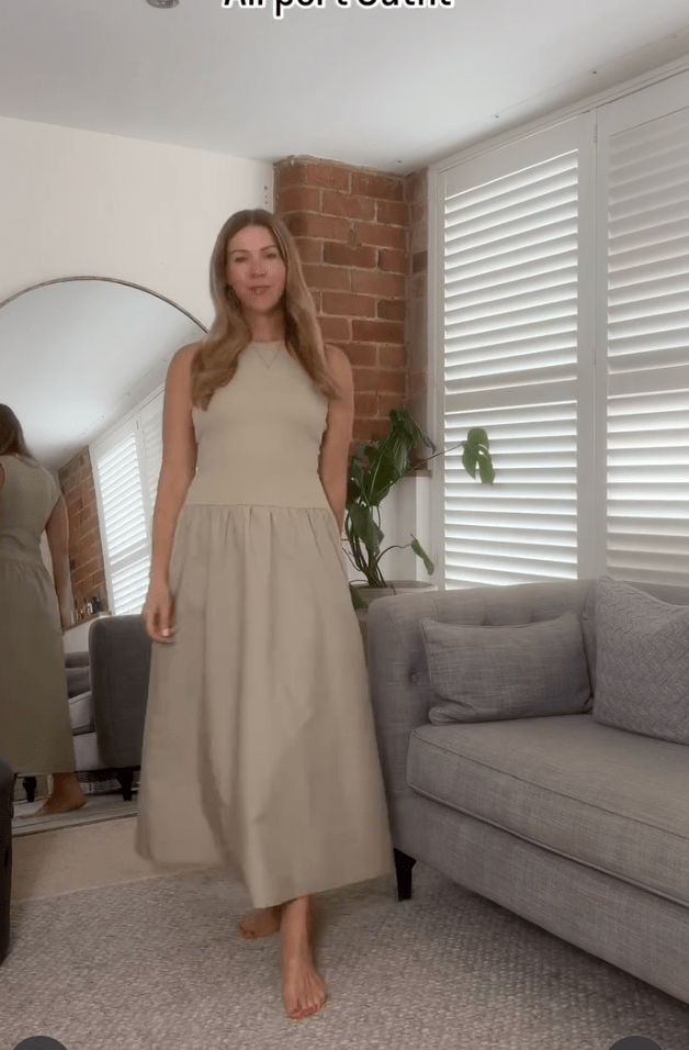 MANGO Beige Cotton Blend A - line Dress UK L - Reliked