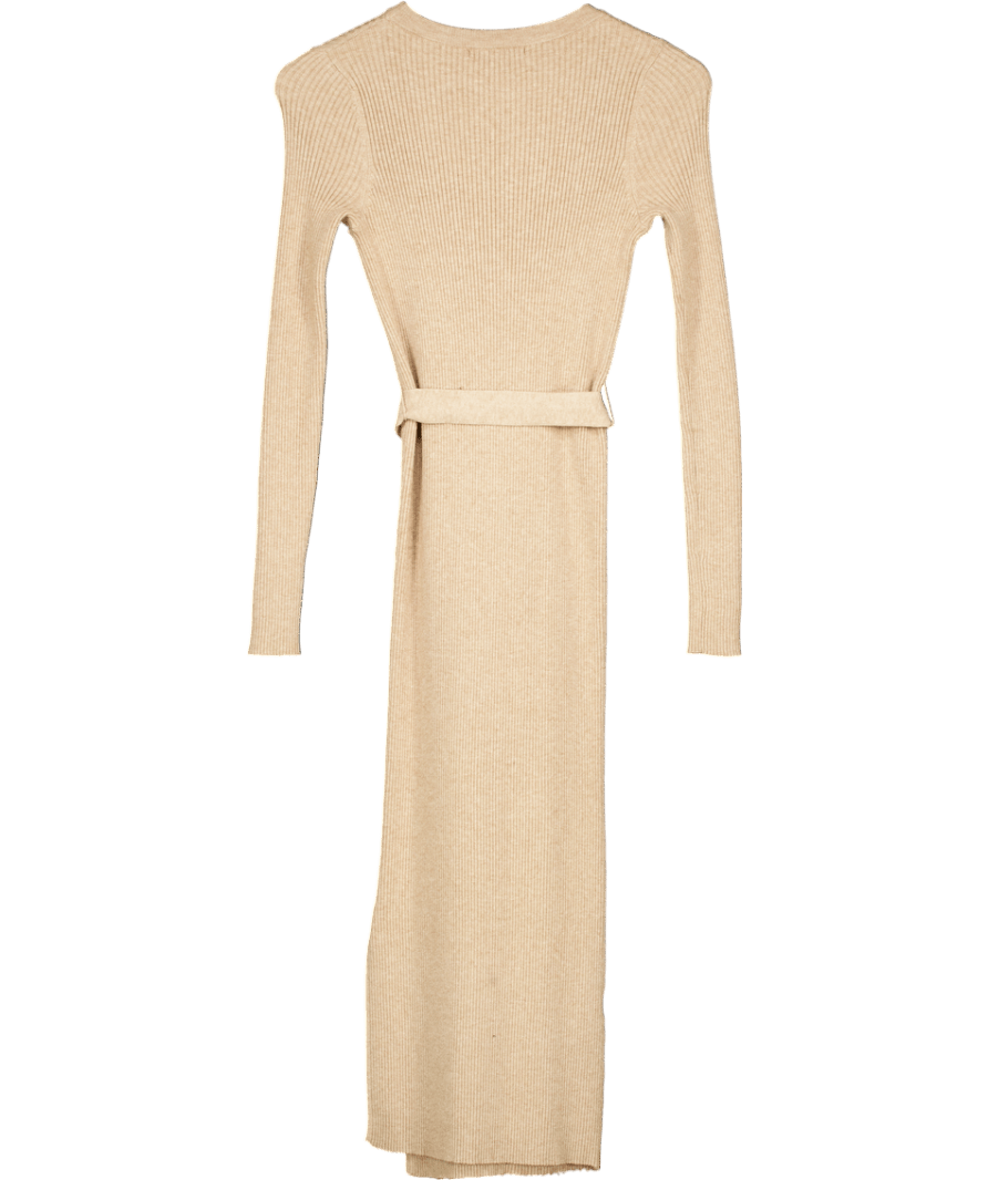 MANGO Beige Ribbed Knit Long Sleeve Belted Sweater Dress UK S - Reliked