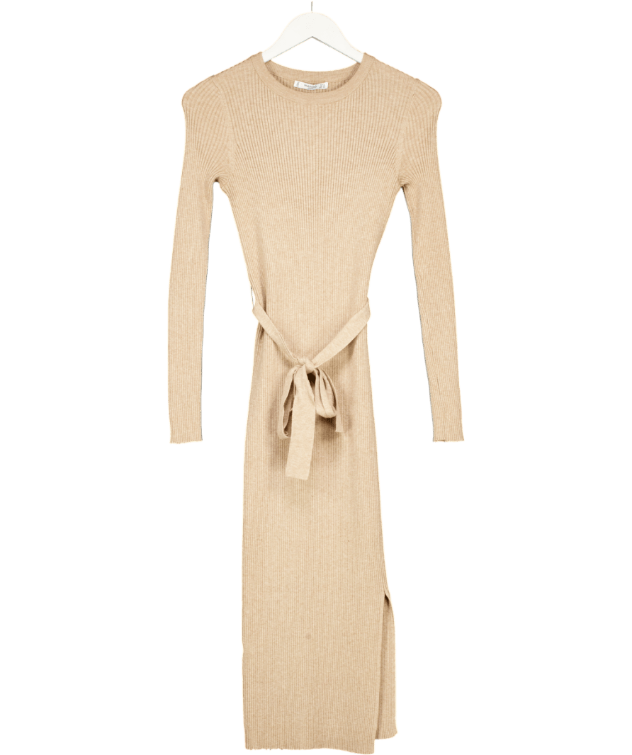 MANGO Beige Ribbed Knit Long Sleeve Belted Sweater Dress UK S - Reliked