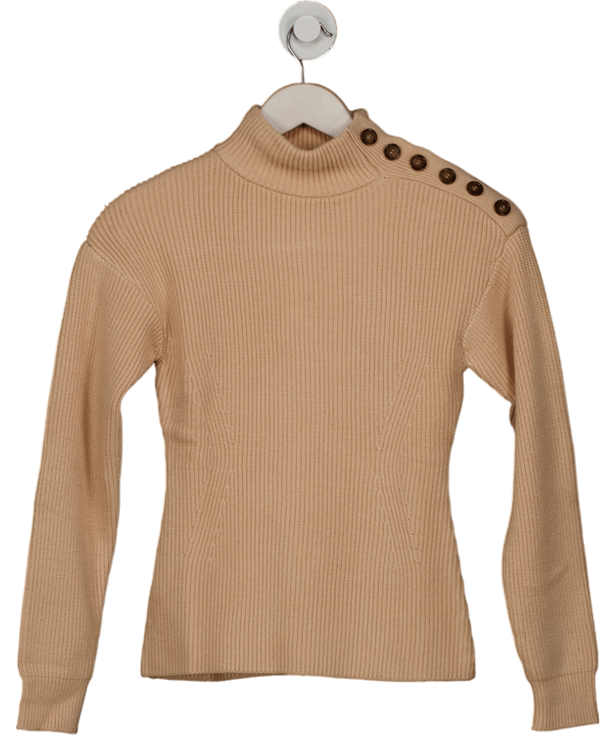 MANGO Beige Shoulder Buttons Ribbed Sweater UK XS - Reliked