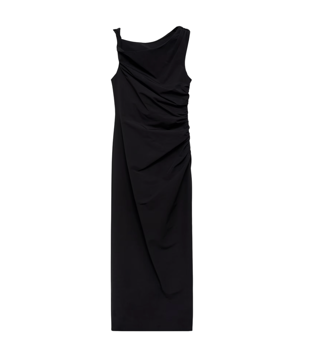 MANGO Black Asymmetrical Stretch Viscose midi dress With Gathered Details UK XL - Reliked