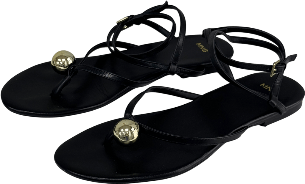 MANGO Black Flat Sandal With Gold Bead UK 7 EU 40 👠 - Reliked