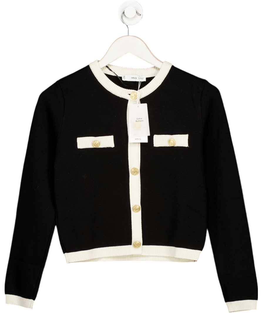 MANGO Black / Ivory Knitted Jacket Cardigan With Gold Buttons UK XXS - Reliked