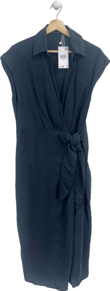 Mango Black Wrap Midi Dress UK L - Reliked