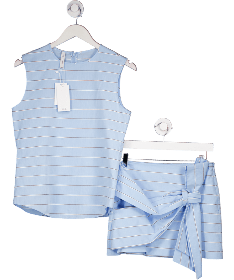 MANGO Blue 2 - piece Striped Cotton Blouse And Bow Detail Mini Skirt (uk 8) Set UK S - Reliked