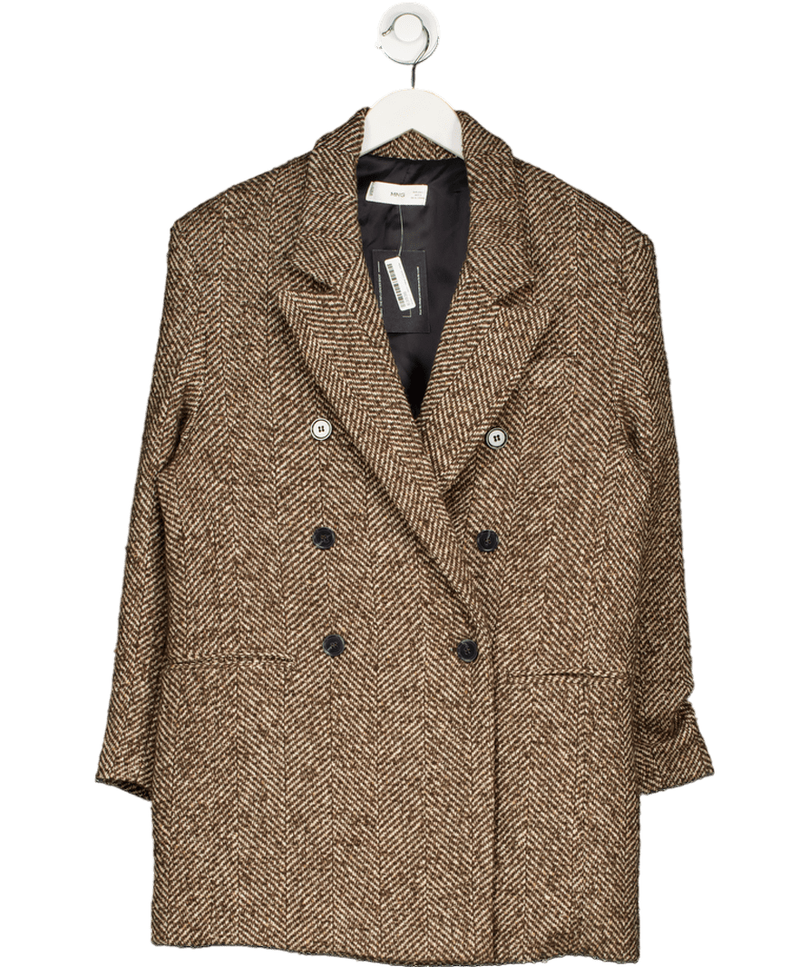 MANGO Brown Herringbone Tweed Wool Blend Boyfriend Coat UK L - Reliked