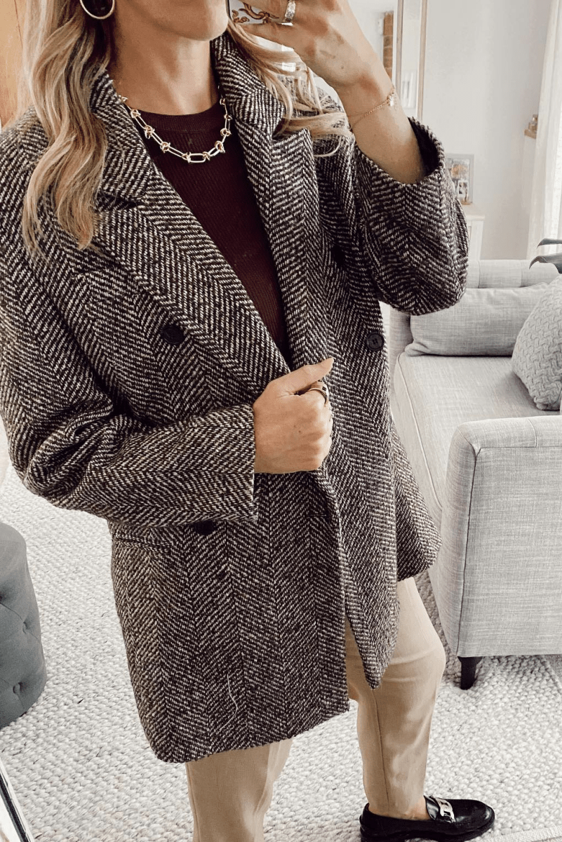 MANGO Brown Herringbone Tweed Wool Blend Boyfriend Coat UK L - Reliked
