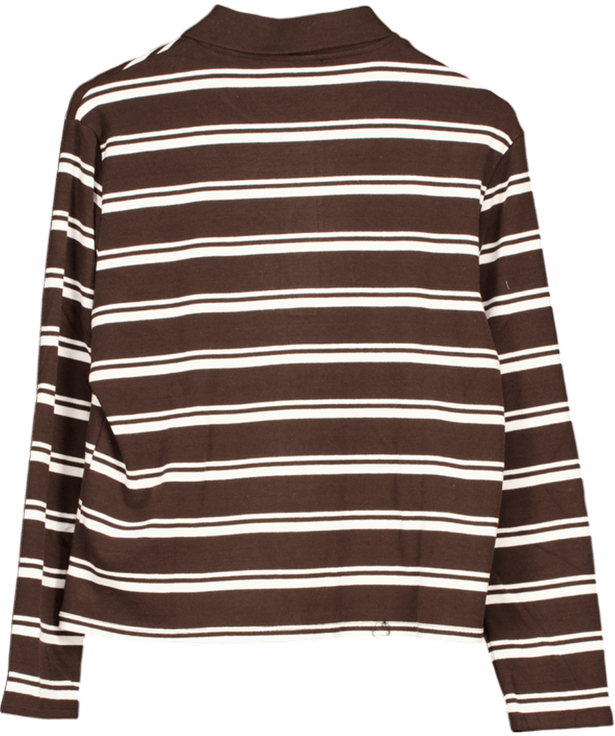MANGO Brown / Ivory Striped Long Sleeve Polo - neck T-shirt UK M - Reliked