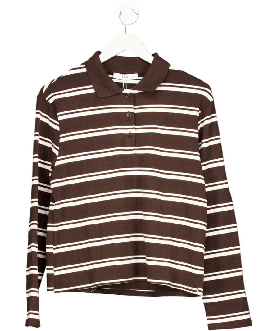 MANGO Brown / Ivory Striped Long Sleeve Polo - neck T-shirt UK M - Reliked