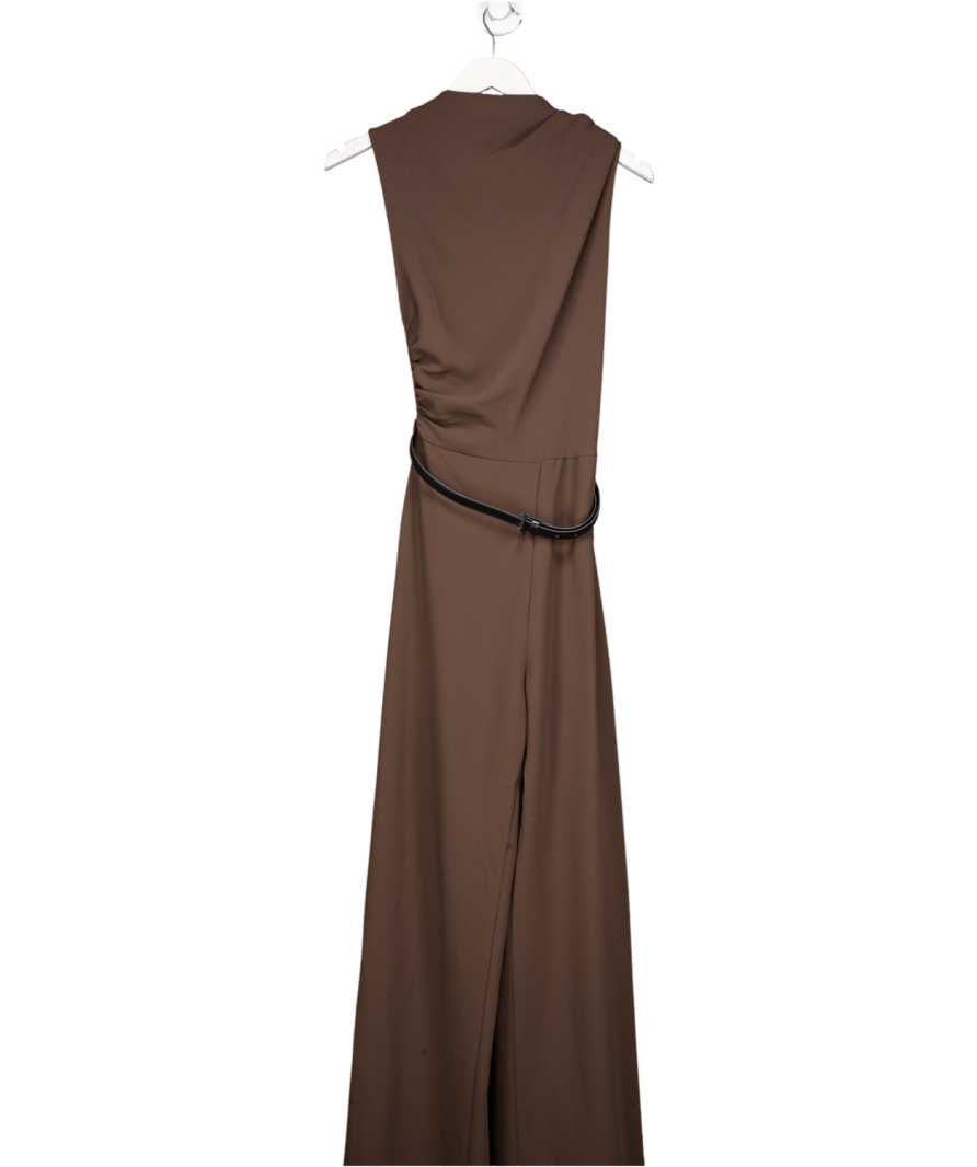 MANGO Brown Long Jumpsuit With Draped Neck And Belt UK S - Reliked