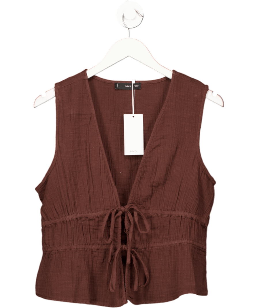 MANGO Chocolate Brown Ruffled Top With Bows UK L - Reliked