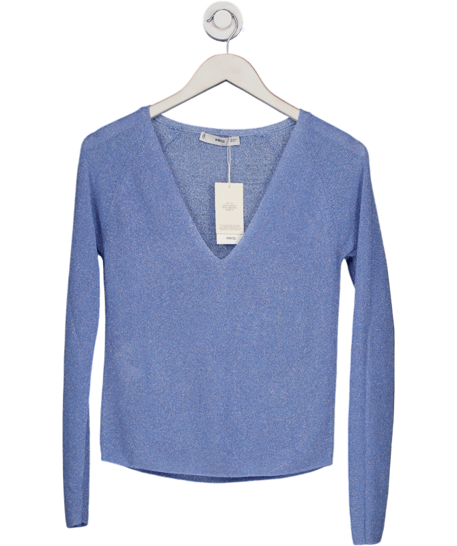 MANGO Cornflower Blue V - neck Fine Knit Lurex Sweater UK S - Reliked