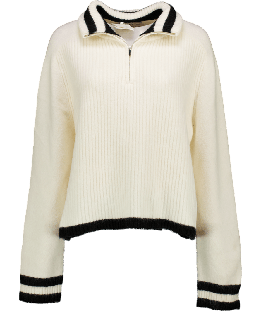MANGO Cream / Black Wool Blend Ribbed Knit Zip Jumper UK L - Reliked