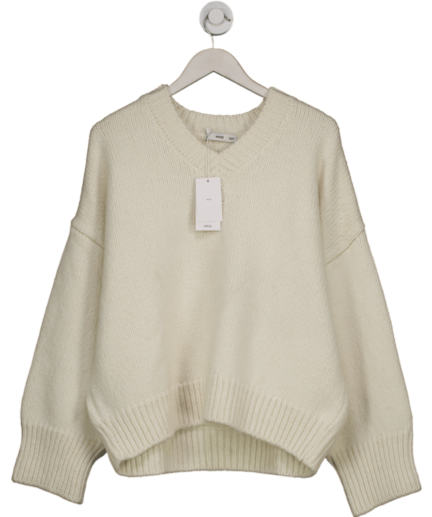 MANGO Cream Premium Selection V - neck Wool Sweater UK M - Reliked