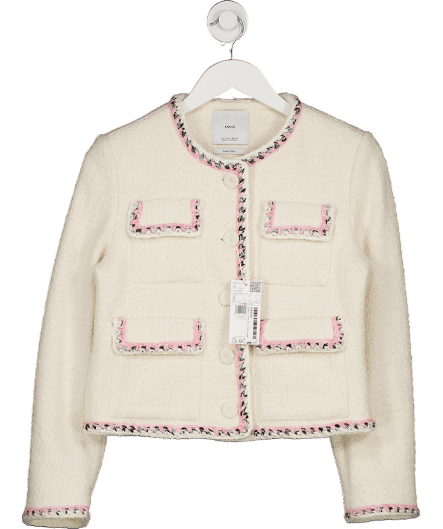 MANGO Cream Tweed Jacket With Contrasting Trims UK S - Reliked