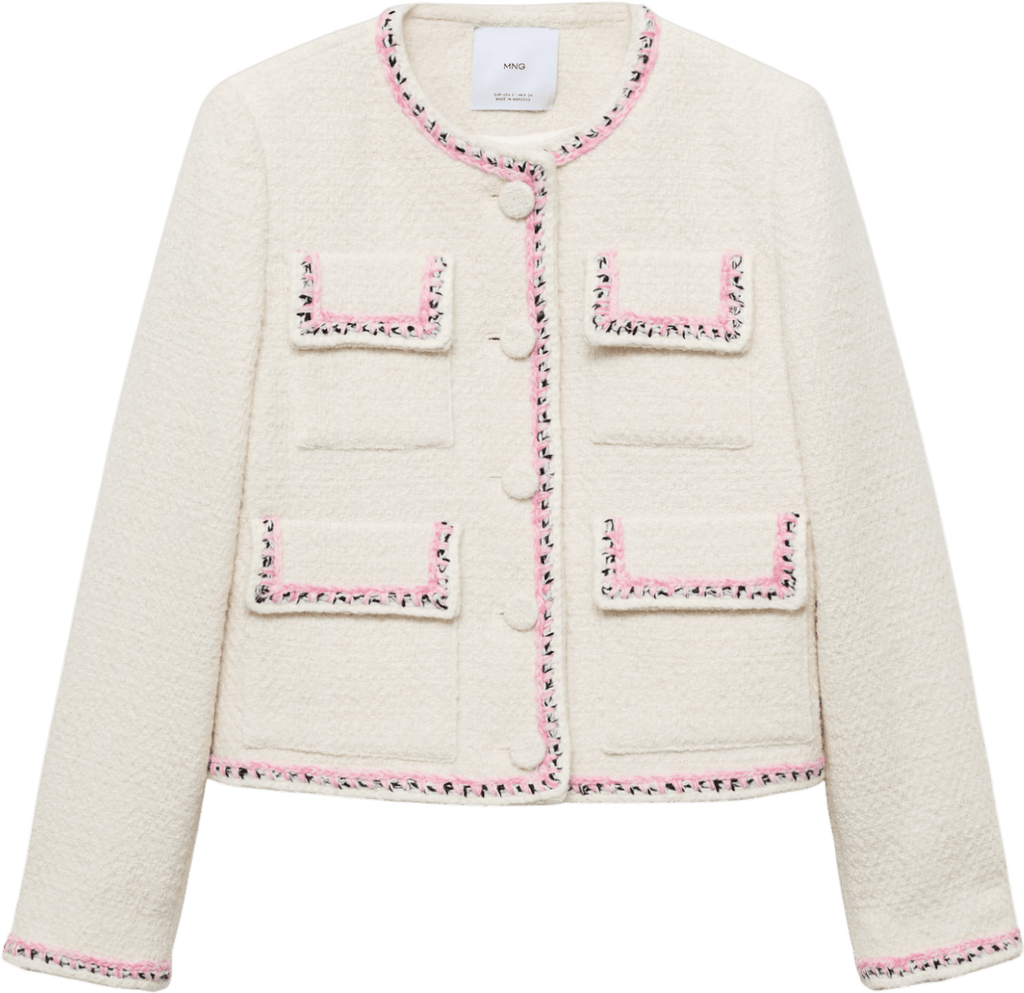 MANGO Cream Tweed Jacket With Contrasting Trims UK S - Reliked