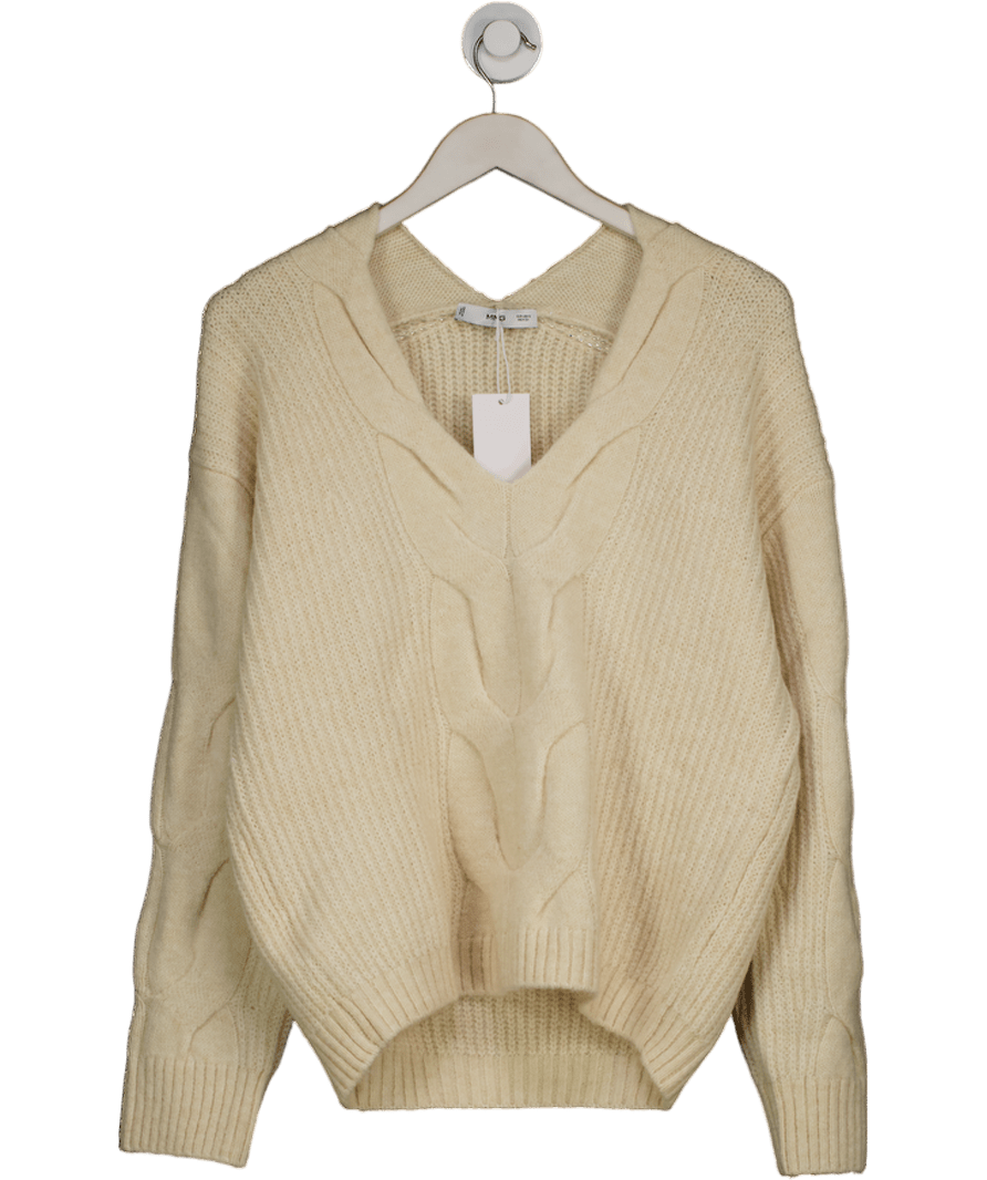 MANGO Cream V - neck Braided Sweater UK S - Reliked