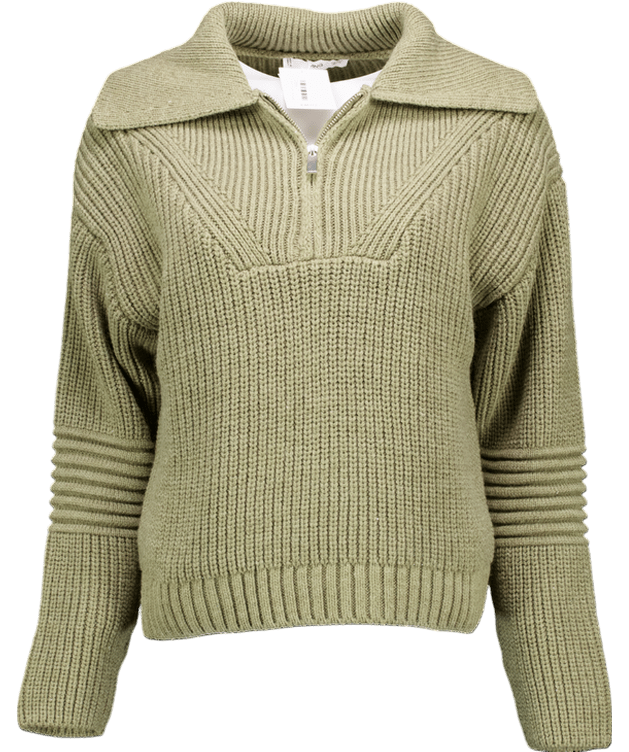 MANGO Green Wool Blend Ribbed Sweater With Zip Collar UK S - Reliked