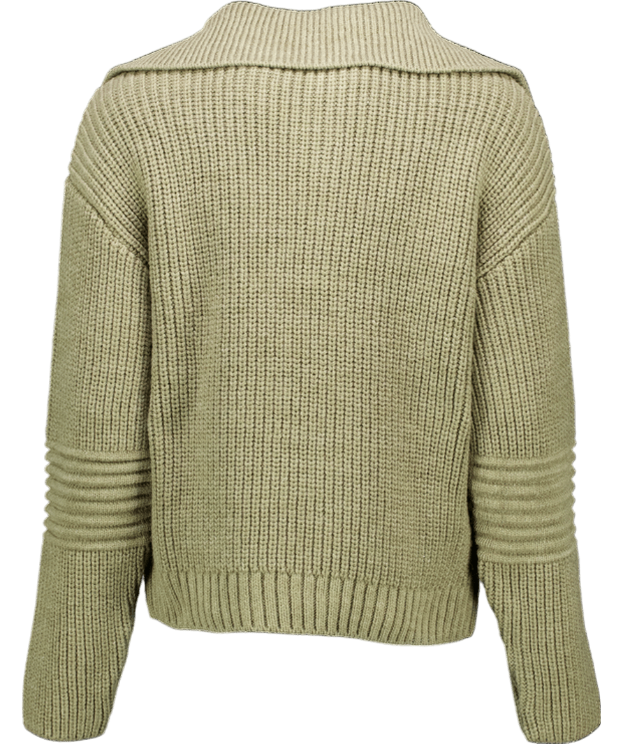 MANGO Green Wool Blend Ribbed Sweater With Zip Collar UK XS - Reliked