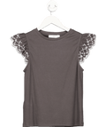 MANGO Grey / Ivory T-shirt With Ruffled Sleeves UK XS - Reliked