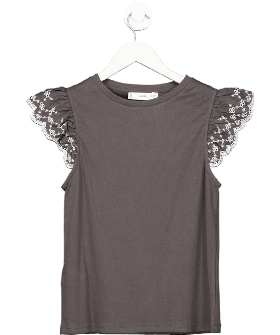 MANGO Grey / Ivory T-shirt With Ruffled Sleeves UK XS - Reliked