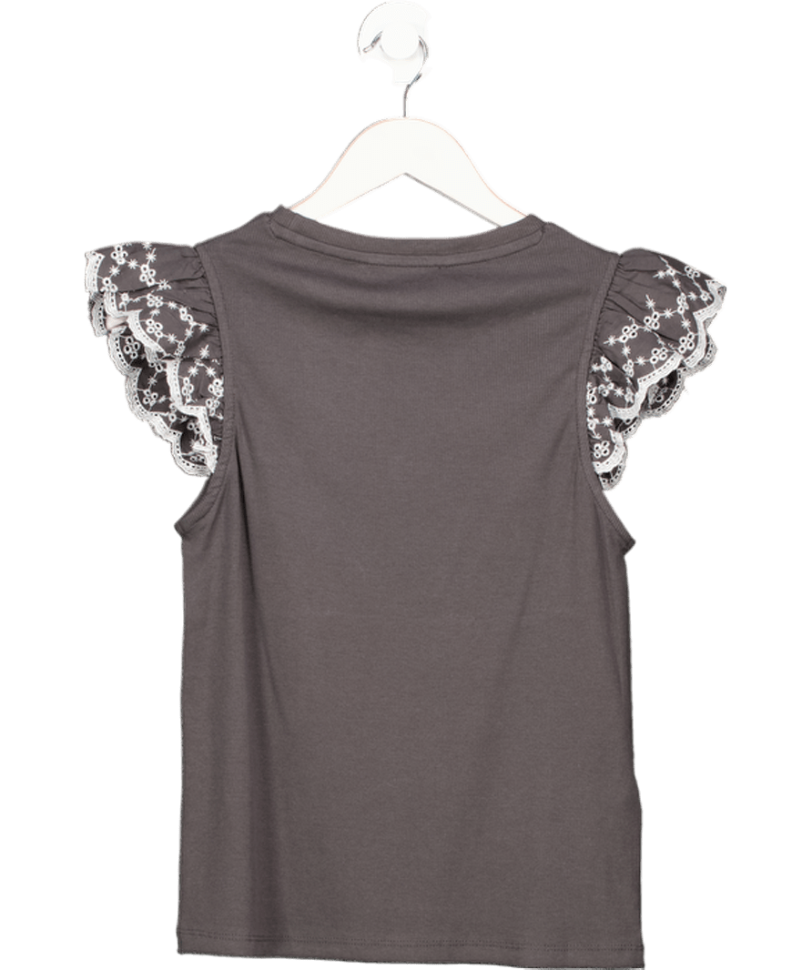 MANGO Grey / Ivory T-shirt With Ruffled Sleeves UK XS - Reliked