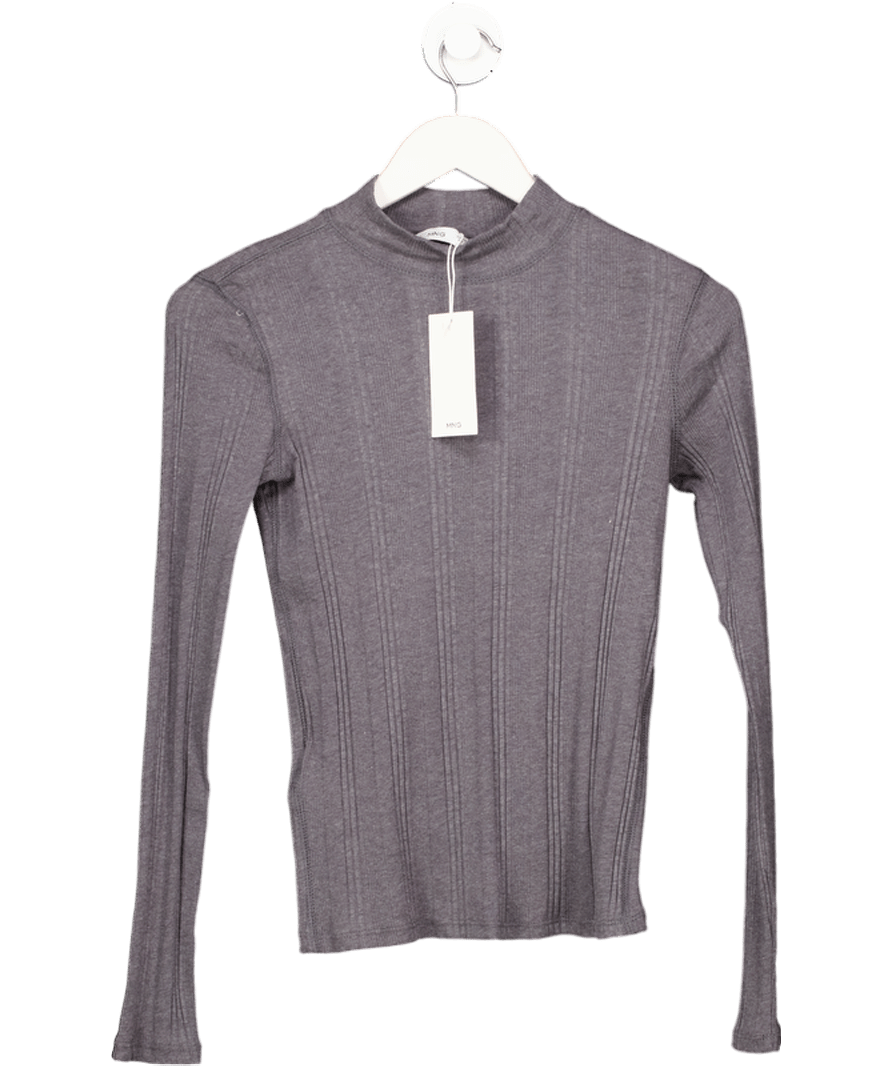 MANGO Grey Ribbed T-shirt With High Neck UK S - Reliked