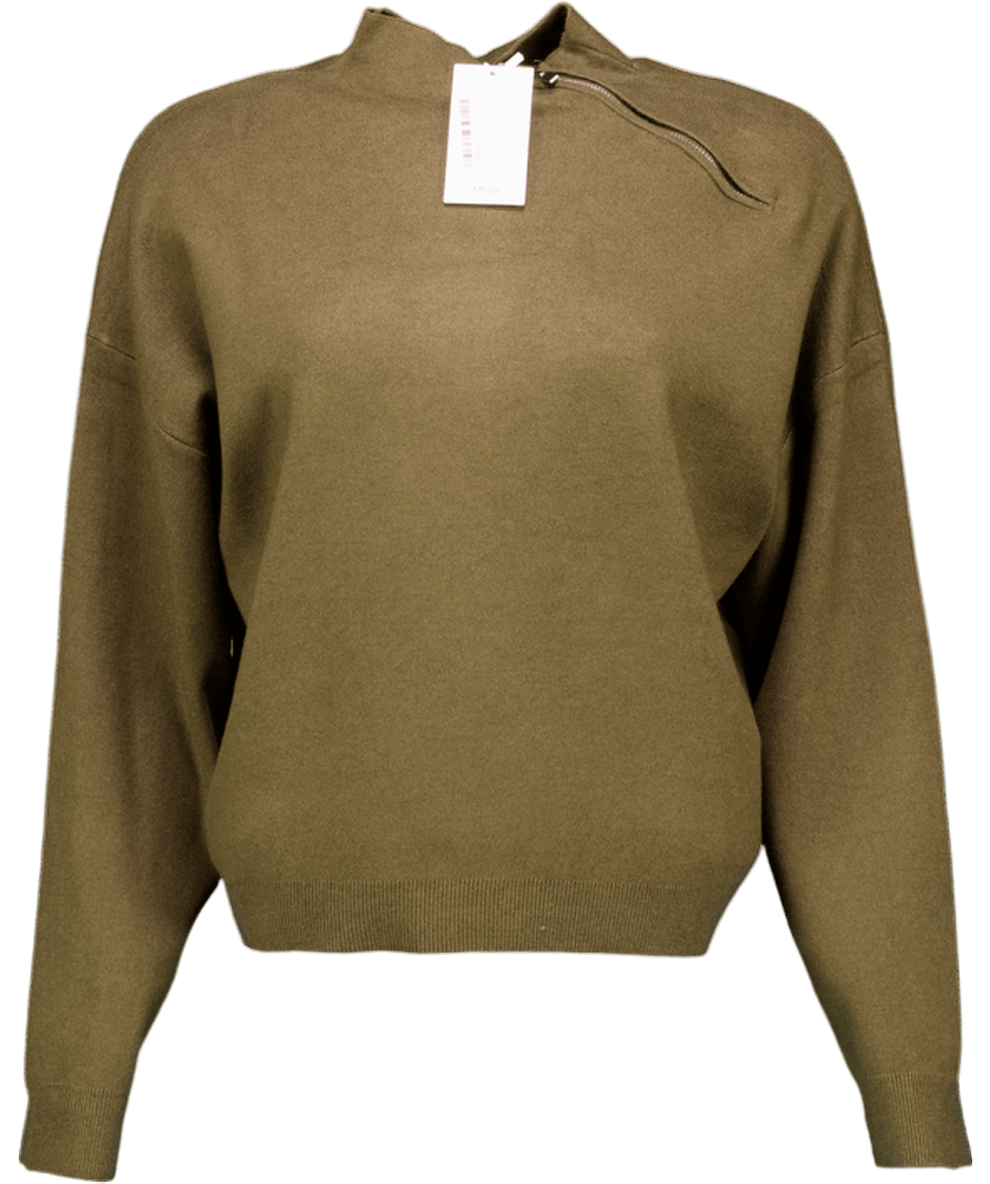 MANGO Khaki Green High Neck Zip Detail Jumper UK S - Reliked