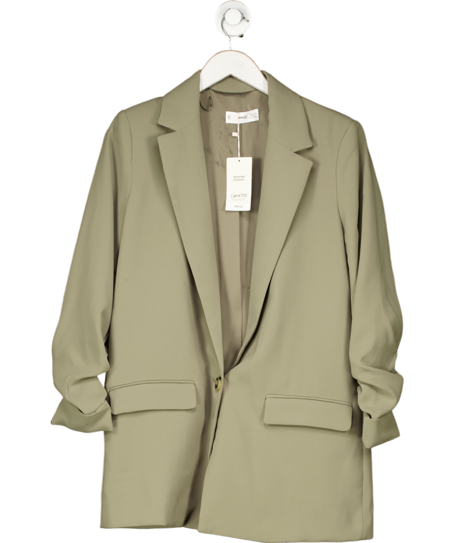 MANGO Khaki Green Ruched Sleeve Blazer UK M - Reliked