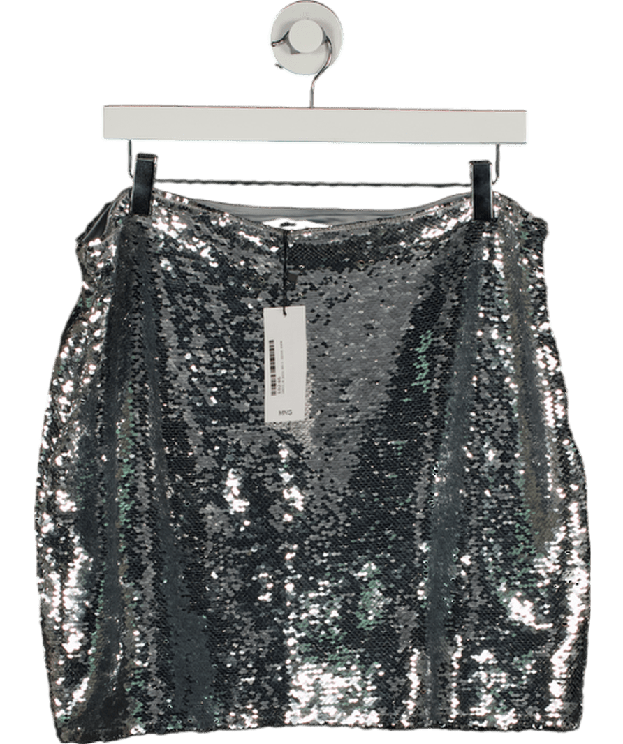 MANGO Metallic Silver Sequin Mini Skirt UK XL - Reliked