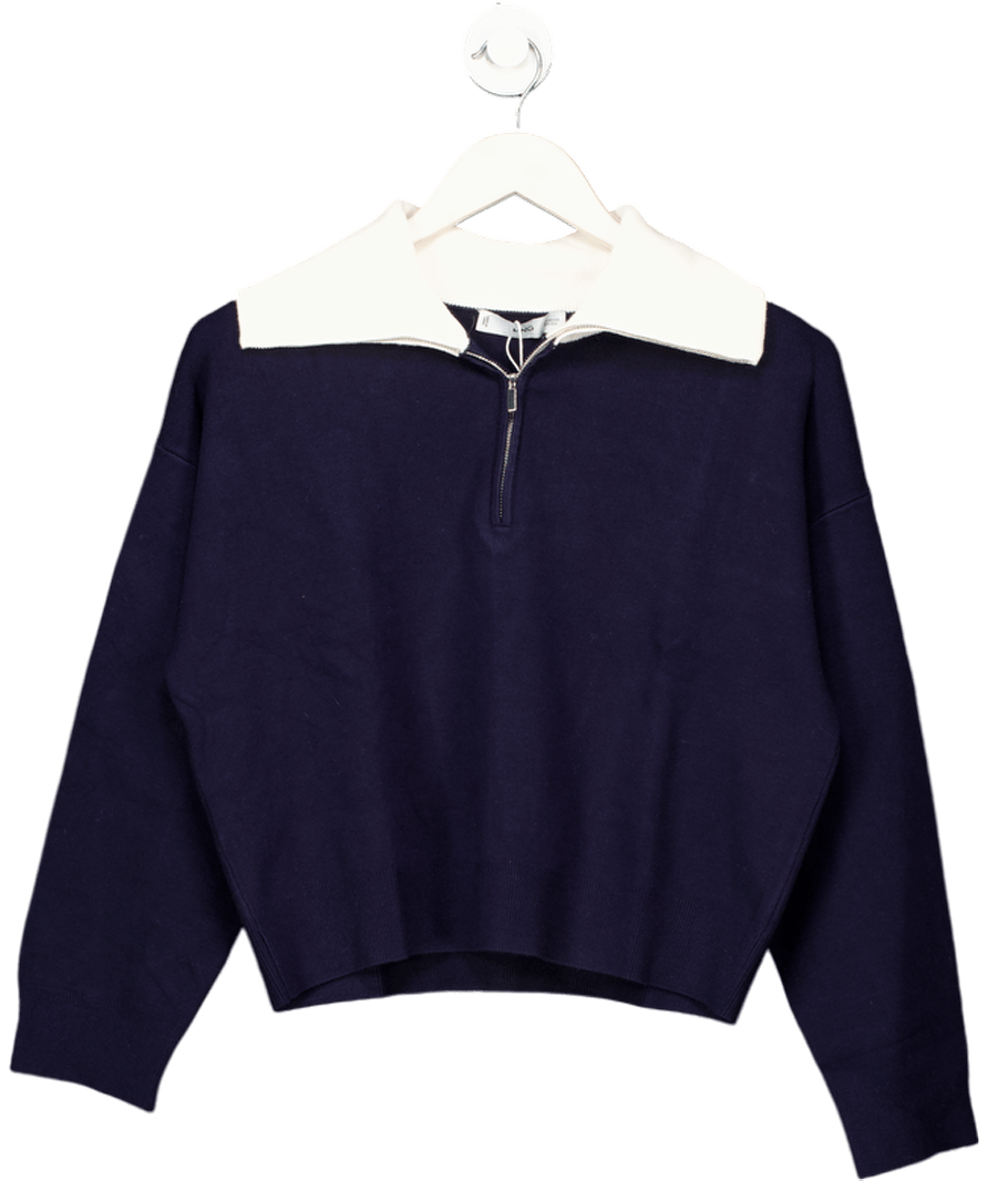 MANGO Navy Blue Knitted Sweater With Contrasting Collar UK XS - Reliked