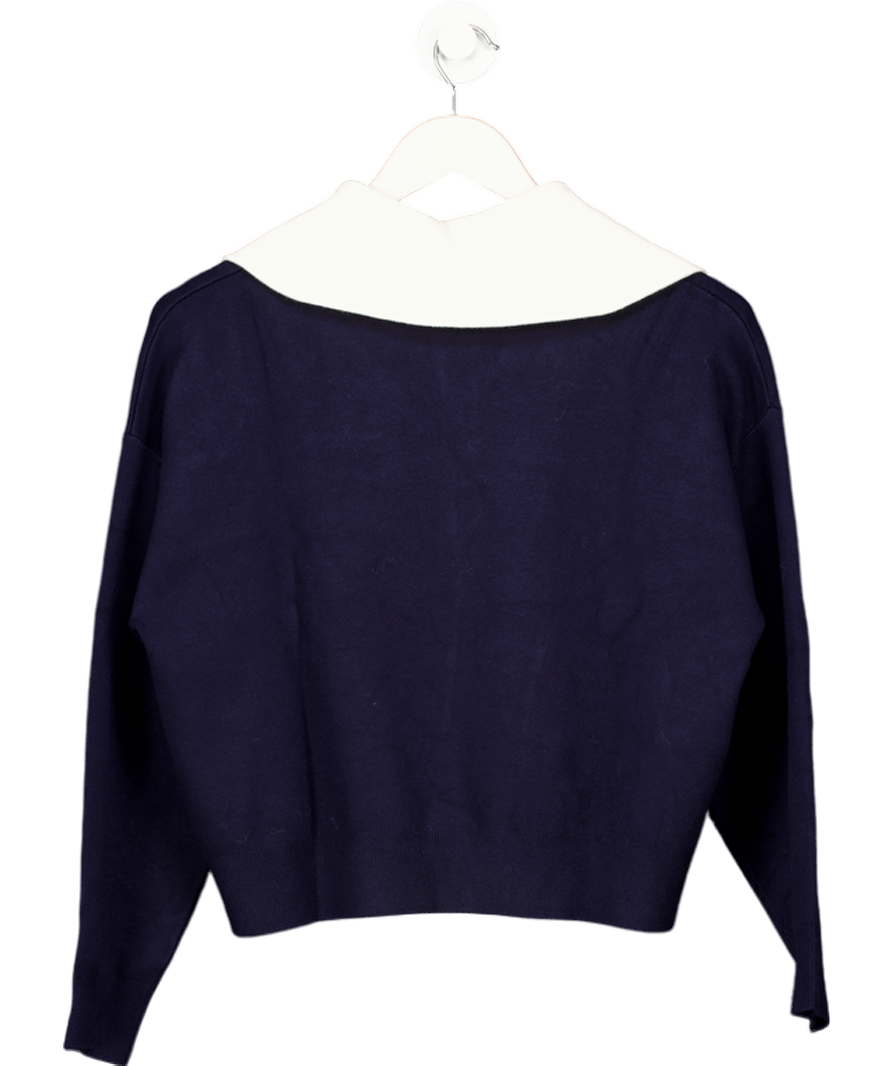 MANGO Navy Blue Knitted Sweater With Contrasting Collar UK XS - Reliked