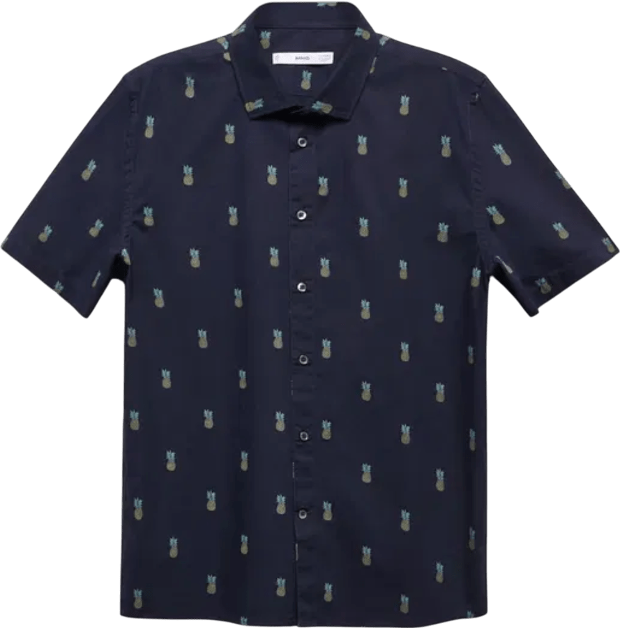 MANGO Navy Blue Shirt With Pineapple Print UK S - Reliked