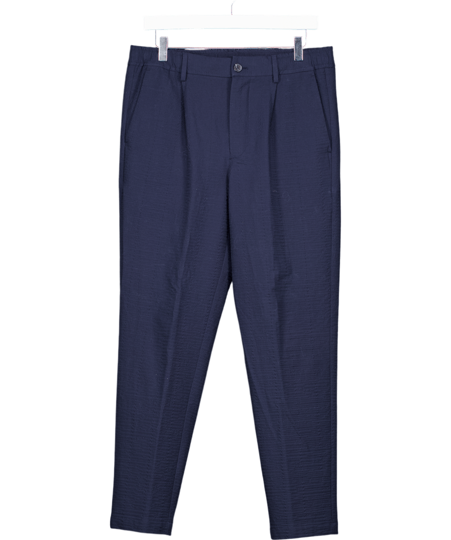 MANGO Navy Blue Textured Drawstring Tapered Trousers W30 - Reliked