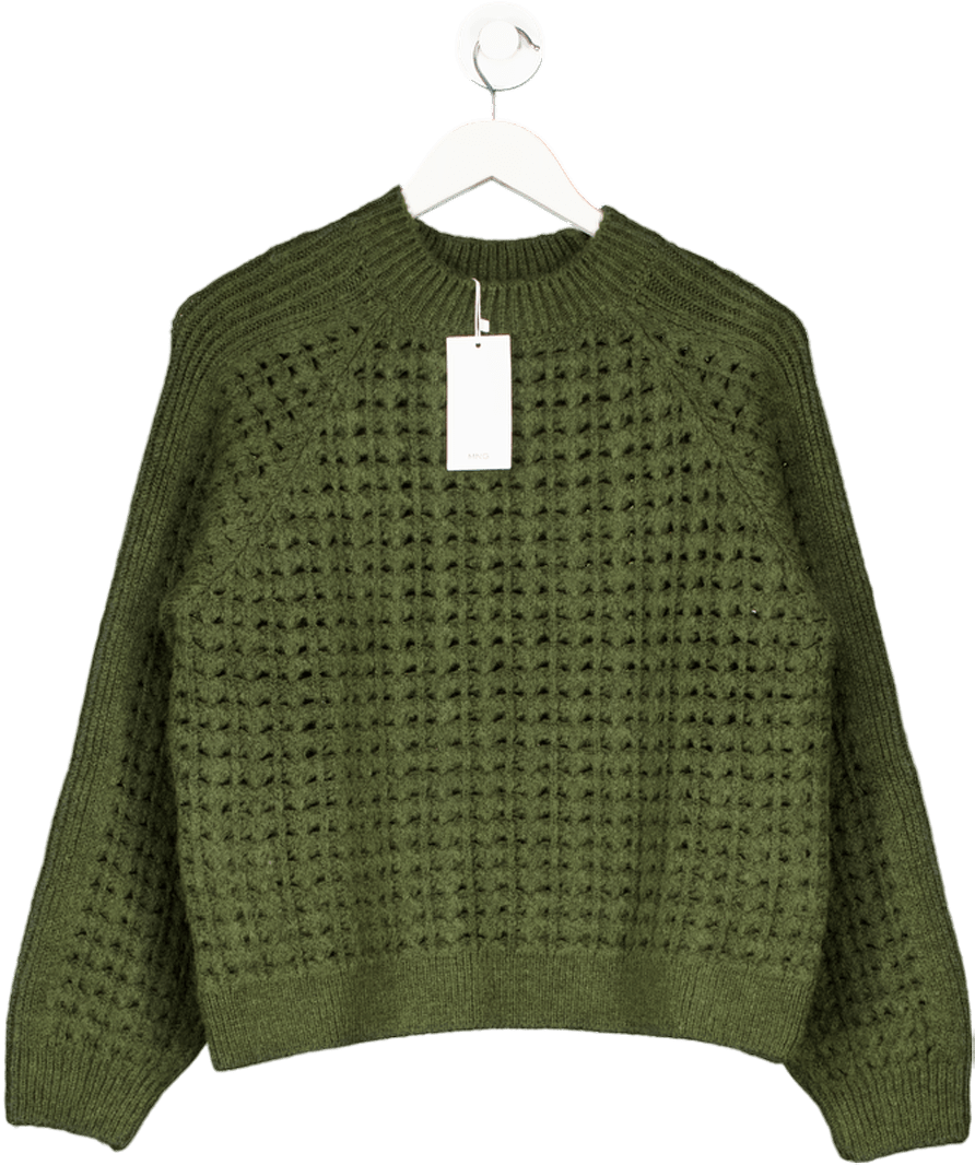 MANGO Olive Green Chunky Open Knit Jumper UK M - Reliked