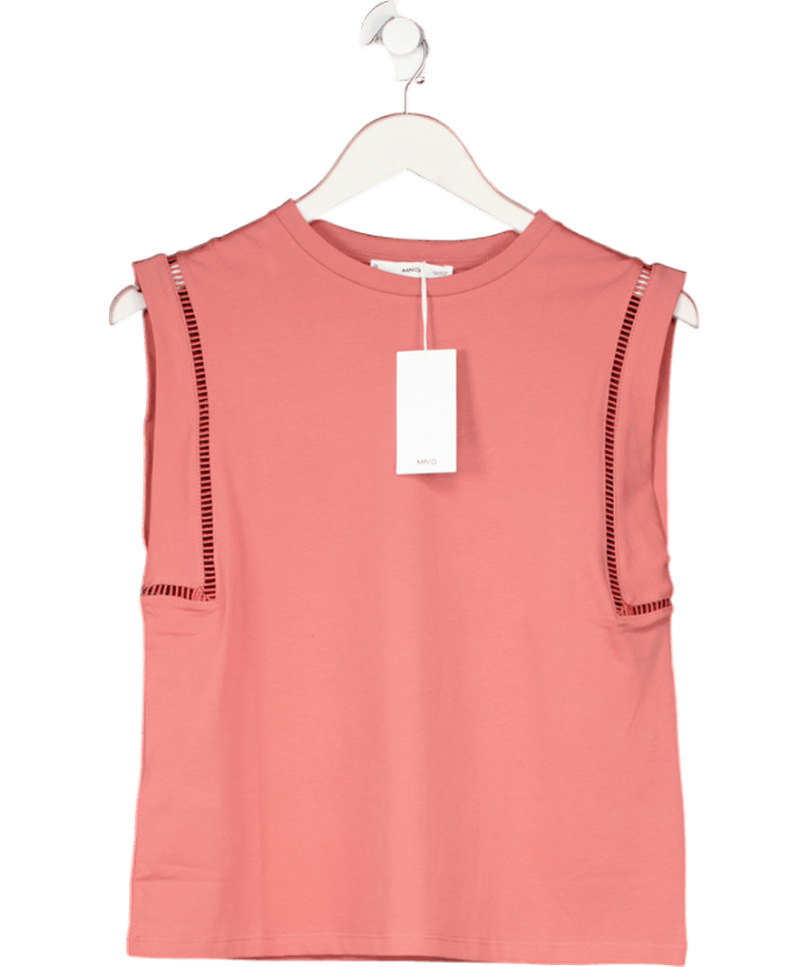 MANGO Pink Cotton T-shirt With Openwork Trim UK XS - Reliked