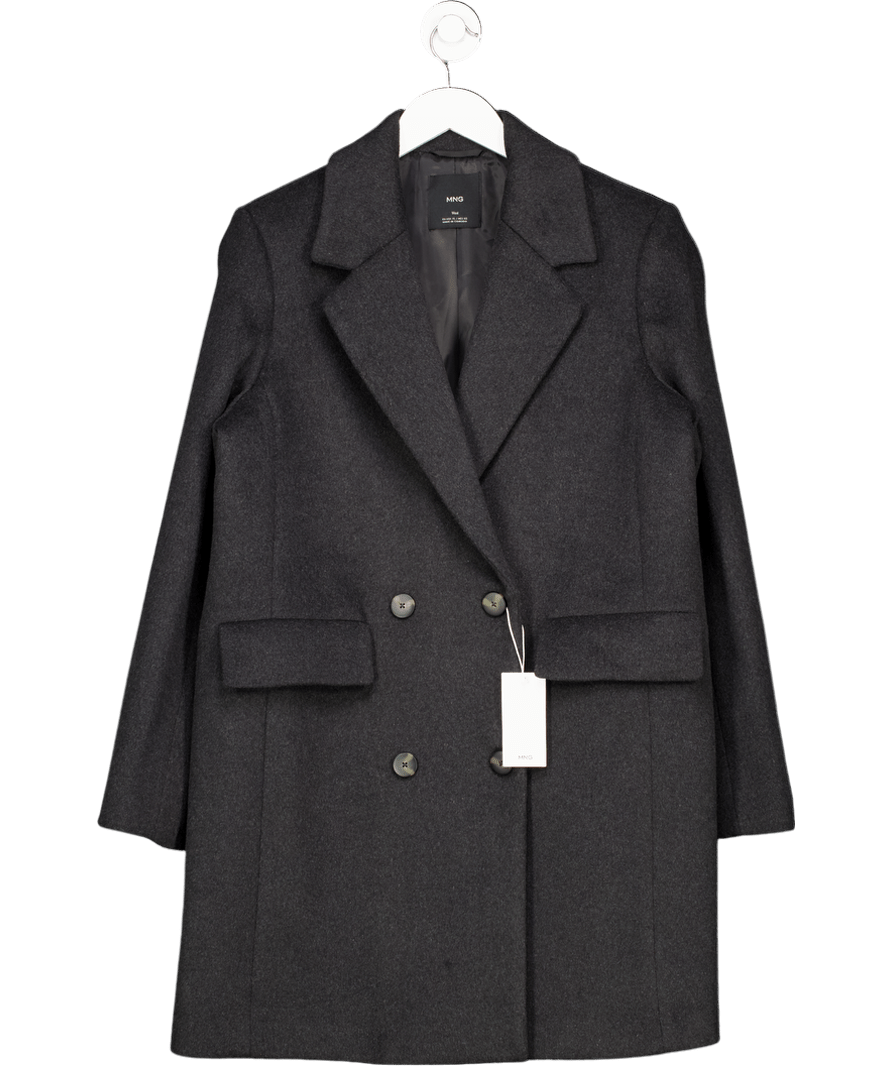 MANGO Premium Charcoal Grey Double - breasted Wool Coat UK XL - Reliked