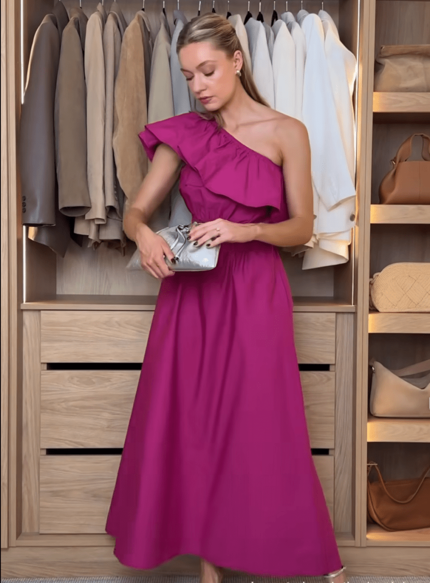 MANGO Purple Featuring Kaia Gerber One Shoulder Cut Out Ruffle Maxi Dress UK S - Reliked