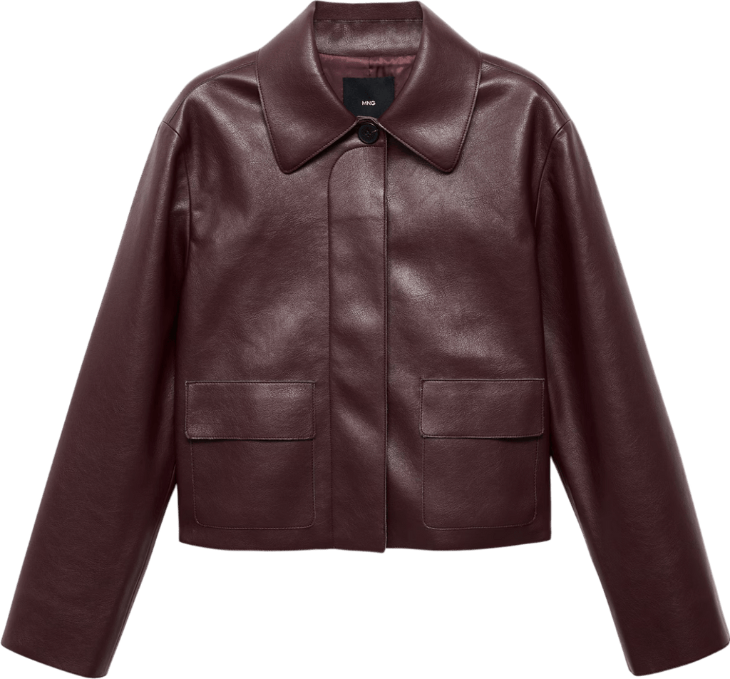 MANGO Red Dark Burgundy Faux - leather Jacket With Pockets UK XL - Reliked