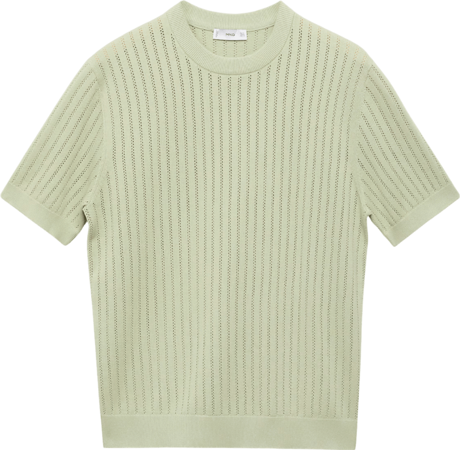 MANGO Sage Green Striped Openwork Cotton T-shirt UK M - Reliked