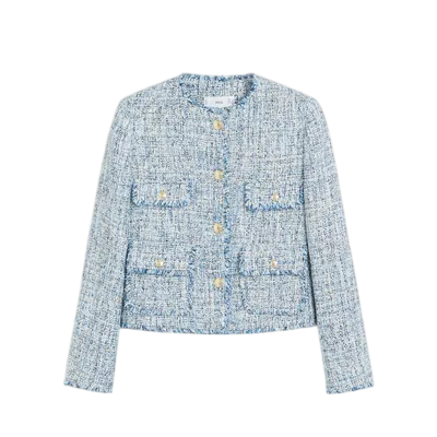 MANGO Blue Tweed Jacket With Pearl Button Detail UK M