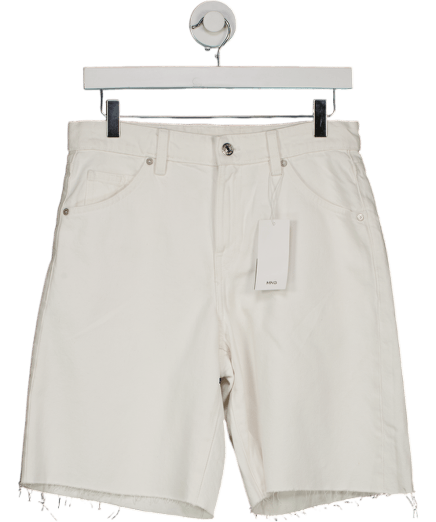 MANGO White Denim Bermuda Shorts With Frayed Hem UK 8 - Reliked