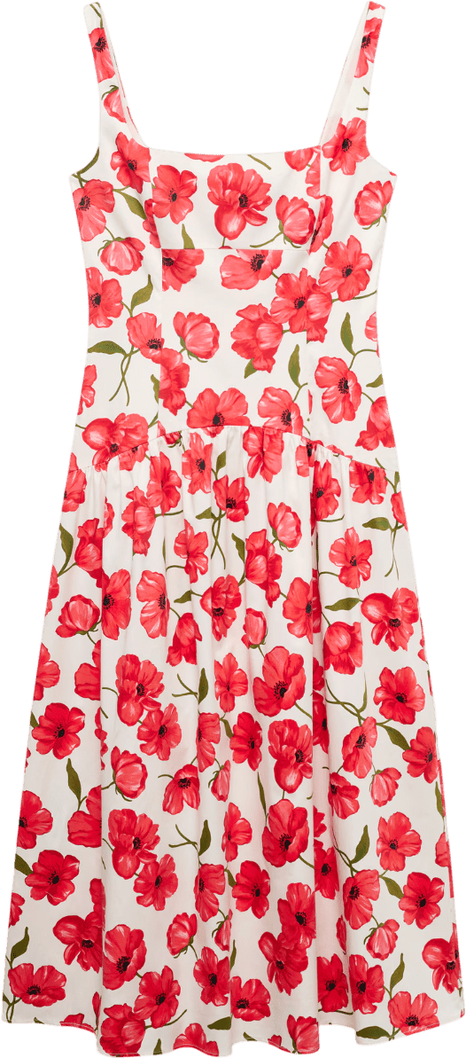 MANGO White Poppy Print Midi Dress UK M - Reliked