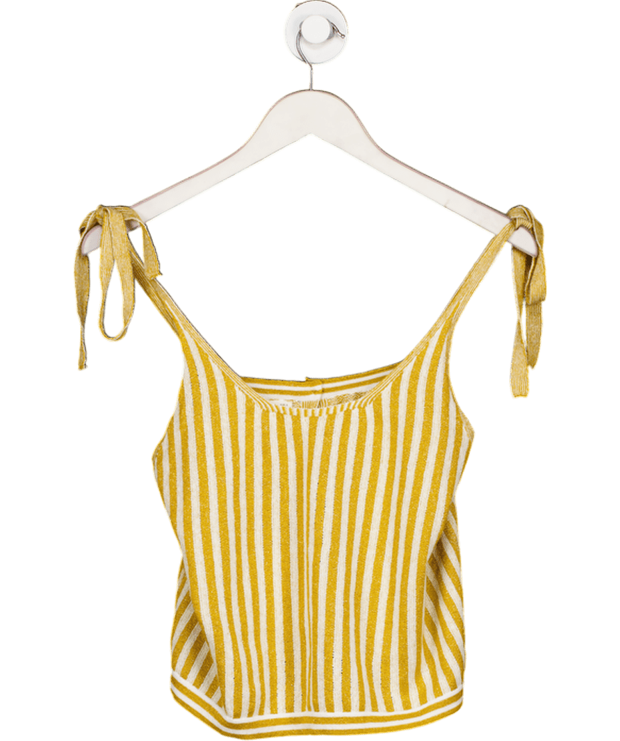 MANGO Yellow / Ivory Striped Knit Tie Strap Top UK S - Reliked